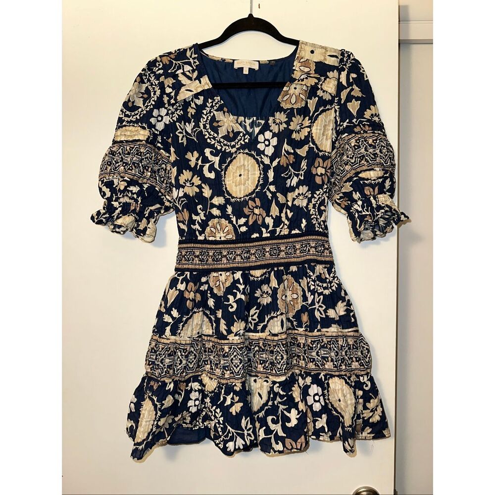 Ramy Brook Medium Barbara Dress Puff Sleeve Navy Tan Floral Boho Pattern EUC
